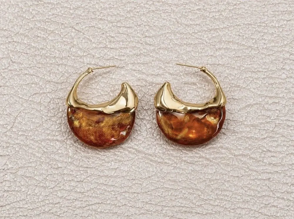 Amber Hoop Gold Molten Sculptural Stud Statement Boho Retro Solanales Retro VTG